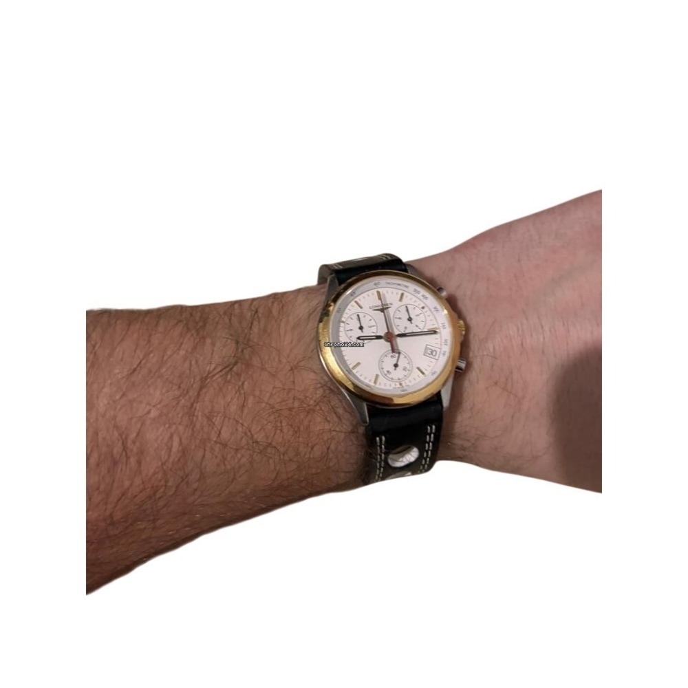 Longines  Chronograph Two Tone White Dial Black Leather Rally Strap Watch